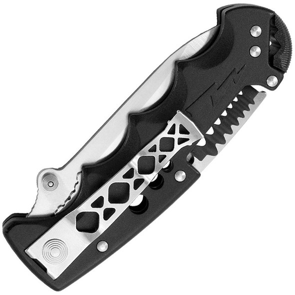 SOG Kilowatt knife in folded position displaying wire-stripper spine and pocket clip. SOG Kilowatt knife in folded position displaying wire-stripper spine and pocket clip.