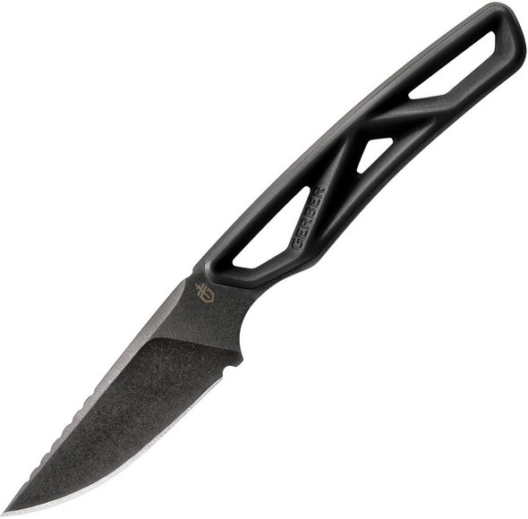 Gerber EXO-MOD Caper Knife with black skeletonized handle and stonewashed drop point blade.