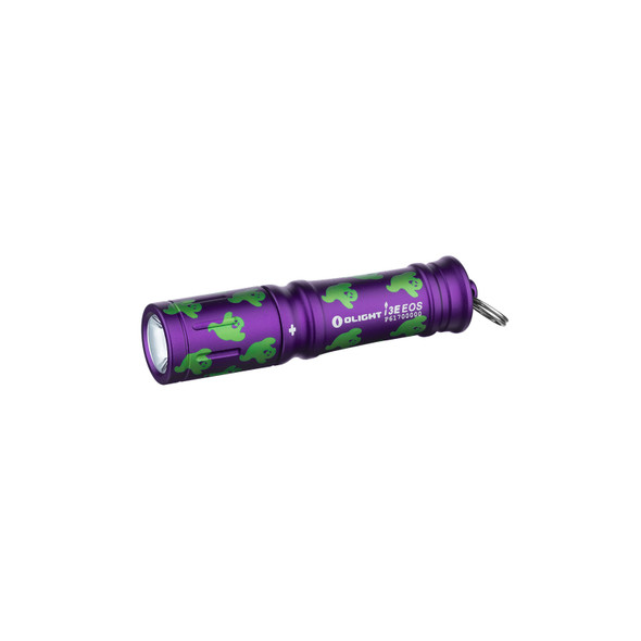 Olight i3E EOS flashlight angled, showing lens and printed design.