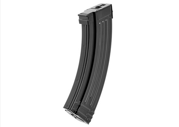 LCT 600-round high-capacity AK AEG magazine in black — angled view showing curved metal shell, ribbed exterior, and feeding lip.