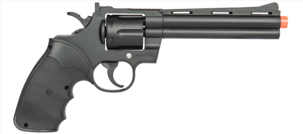 Left-side profile of the UK Arms G36B spring revolver pistol in matte black, showing the full barrel, cylinder, trigger guard, and contoured grip with detailed checkering. Left-side profile of the UK Arms G36B spring revolver pistol in matte black, showing the full barrel, cylinder, trigger guard, and contoured grip with detailed checkering.