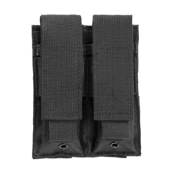 Image 1: Front view of the VISM Double Pistol Mag Pouch in black showing dual flaps and drainage grommets.