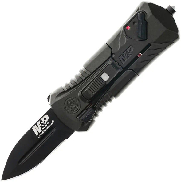 Smith & Wesson M&P Compact OTF knife with blade deployed, showing gray aluminum handle, safety switch, and spear-point black AUS-8 blade.