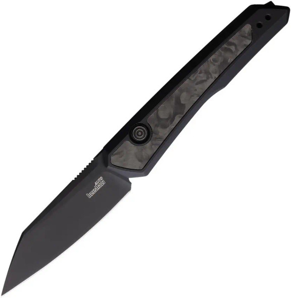 Kershaw Launch 20 automatic knife shown open with black DLC MagnaCut blade and carbon fiber inlay in the black aluminum handle.