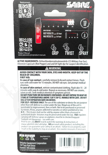 Back of Sabre Runner Defense Spray package showing spray distance chart, instructions, and safety warnings.