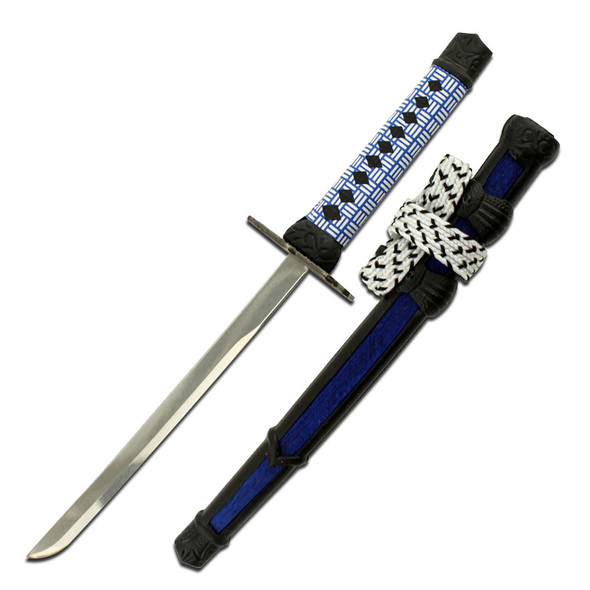 Samurai Sword Letter Opener with blue wrapped handle and black/blue scabbard displayed together.