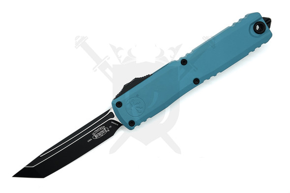 Side view of the Ultratech highlighting the black tanto blade and contoured cyan aluminum handle