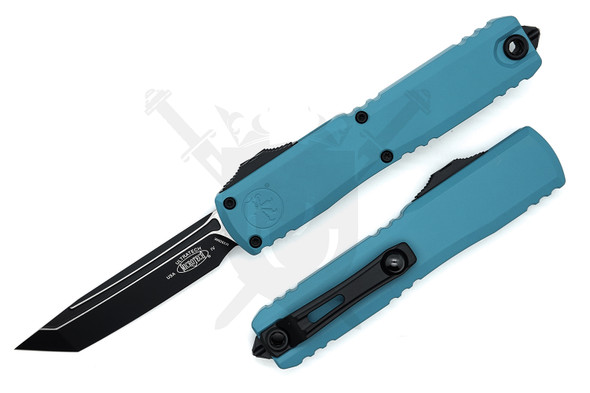 Microtech Ultratech Gen IV OTF knife with cyan Cerakote handle and black tanto blade shown open on a white background