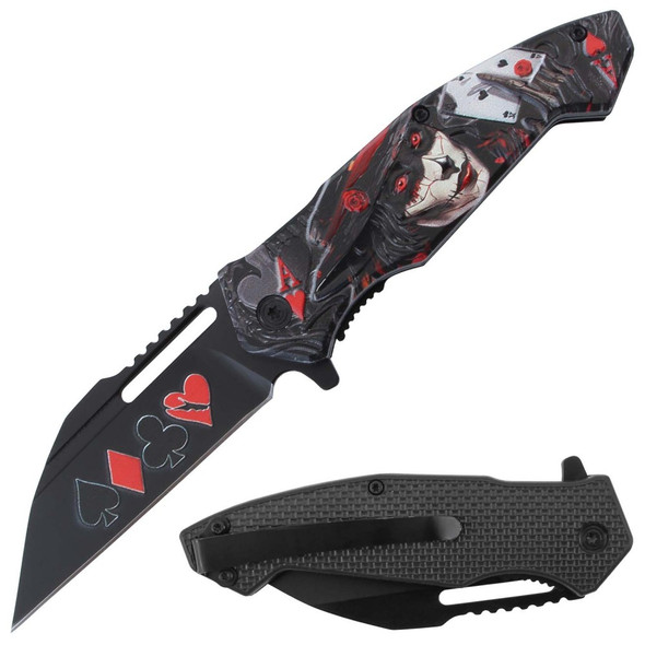 Razor Tactical assisted folding knife with black coated blade featuring playing card symbols, Joker graphic polymer handle, and removable metal pocket clip shown open and closed on a white background.