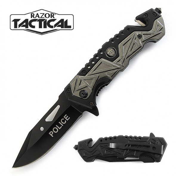 Razor Tactical Police spring assisted folding knife with black coated drop point blade, metal handle, and removable metal pocket clip shown open and closed on a white background.