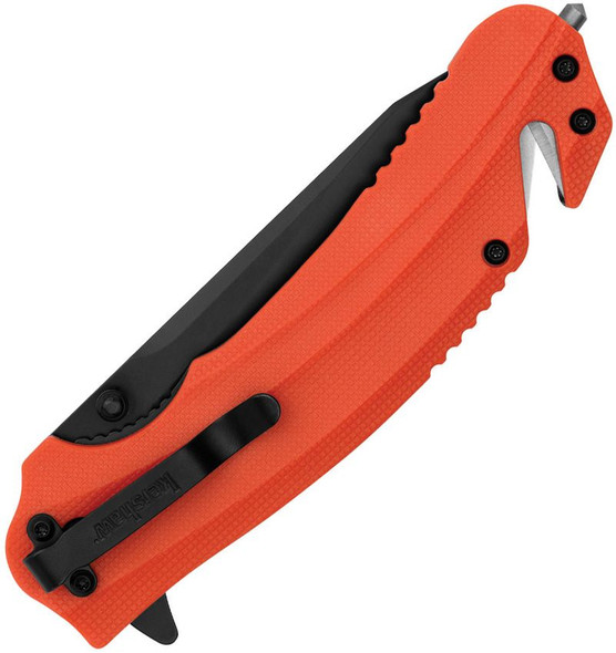 Kershaw Barricade 8650ST knife closed, showing orange GFN handle, flipper tab, and integrated glass breaker on white background.
