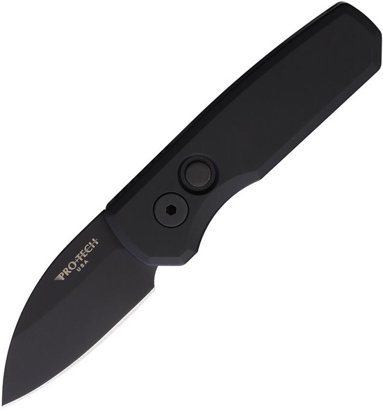 Pro-Tech Runt 5 R5303 automatic knife open, featuring a black DLC coated CPM-MagnaCut Wharncliffe blade and black aluminum handle on white background.