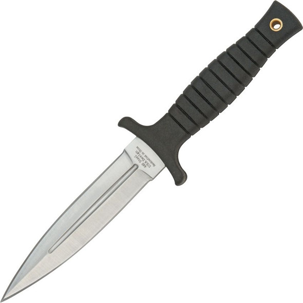 MTech MT097SL boot fixed blade knife with a 4.5-inch stainless dagger blade, black grooved rubber handle, and compact fixed blade design on white background.