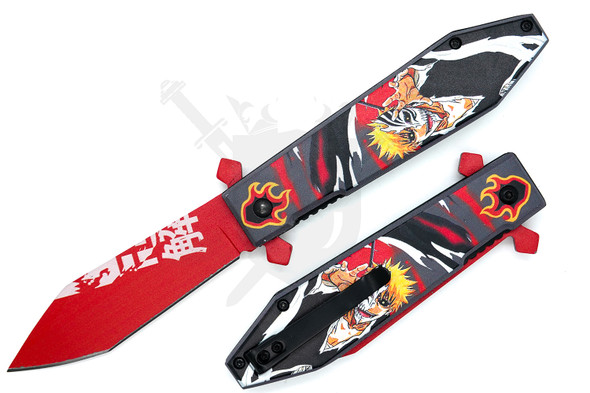 Soul Reaper-inspired 8-inch assisted opening pocket knife featuring a red graphic-coated stainless steel blade and an aluminum handle with Ichigo-inspired anime artwork, shown open and closed on a white background.