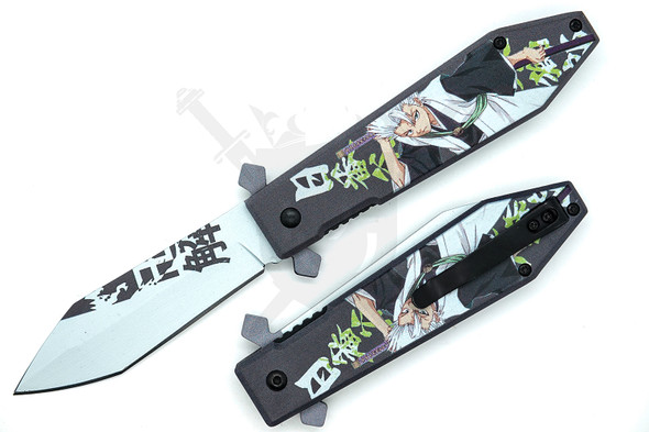 Captain Toshiro Hitsugaya–inspired 8-inch assisted opening pocket knife featuring a white graphic-coated stainless steel blade and an aluminum handle with anime character artwork, shown open and closed on a white background.