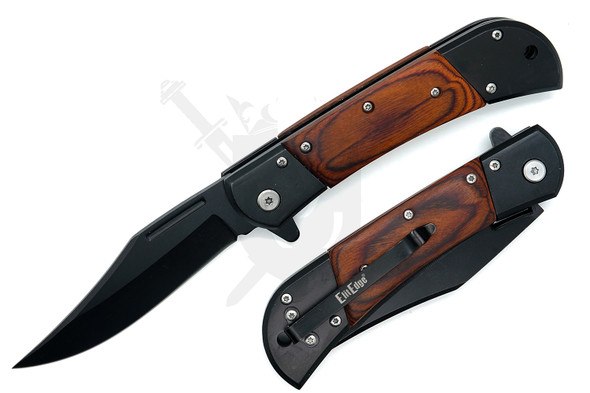 Elite Edge assisted opening folding knife shown open and closed, featuring a black-coated clip point blade with wood inlay and black aluminum handle.