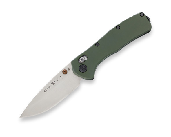Buck 0791 Range Elite folding knife open showing 3.375 inch CPM MagnaCut satin drop point blade and green aluminum handle
