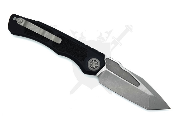 Heretic Wraith V4 tanto automatic knife showing battle worn blade and black aluminum handle with tip-up pocket clip