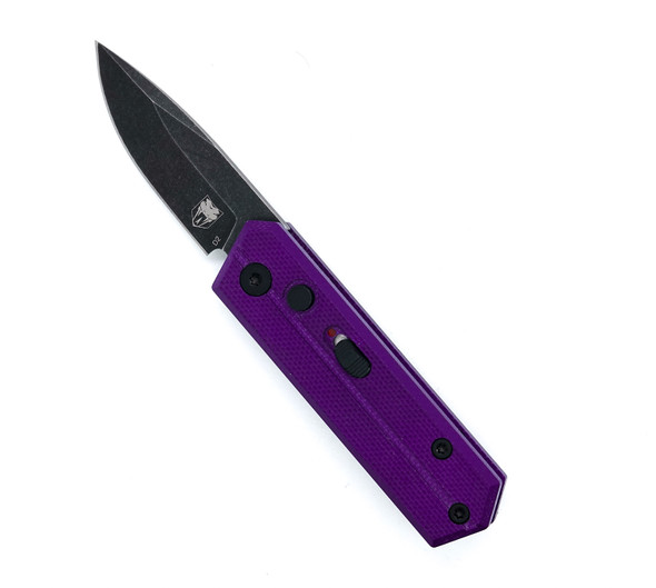 CobraTec Purple Stinger automatic knife open showing black coated D2 blade and purple G-10 handle