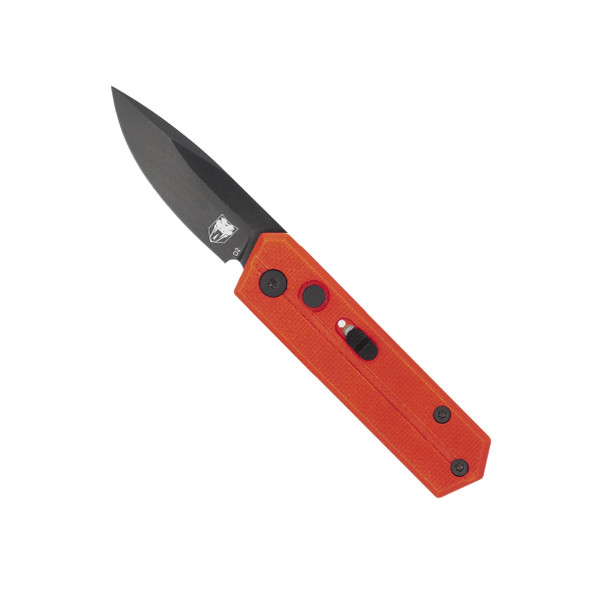 CobraTec Diablo side-opening automatic knife with red G-10 handle and black stonewash D2 blade, open view on white background.