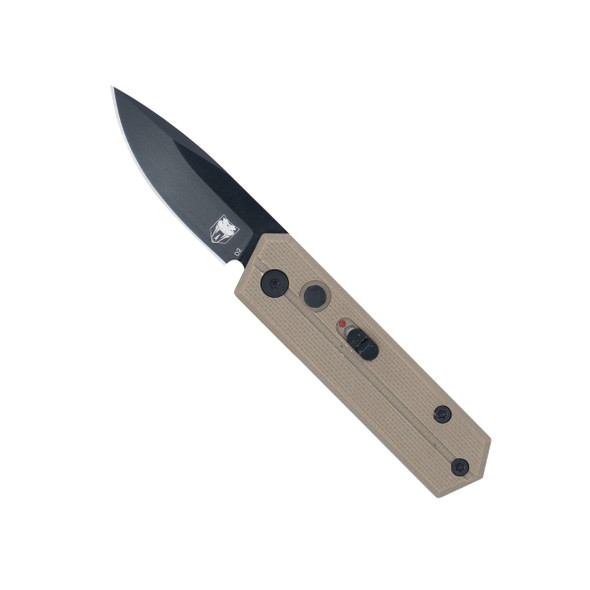 CobraTec Stinger automatic knife with tan handle and black D2 drop point blade shown open on a white background.
