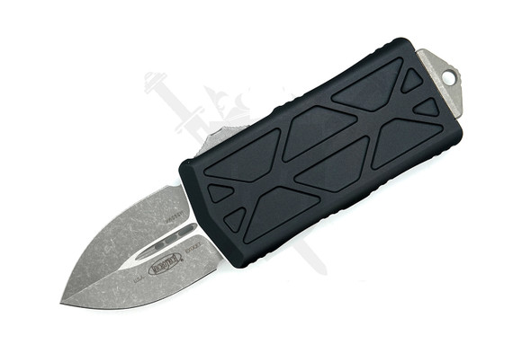 Microtech Exocet OTF knife open showing apocalyptic double edge dagger blade and black aluminum handle