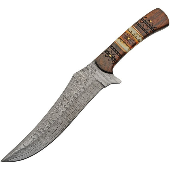 Damascus Mojave Hunter fixed blade knife showing 7.5-inch patterned Damascus steel blade and carved wood and bone handle