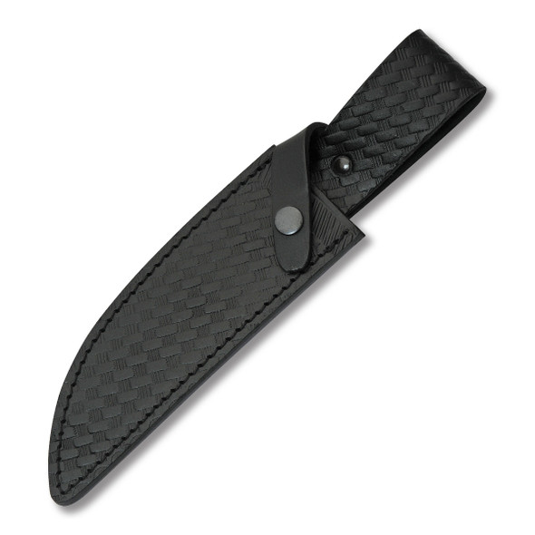 Black leather belt-loop sheath for Rite Edge Wave Hunter knife with basketweave texture and snap retention strap