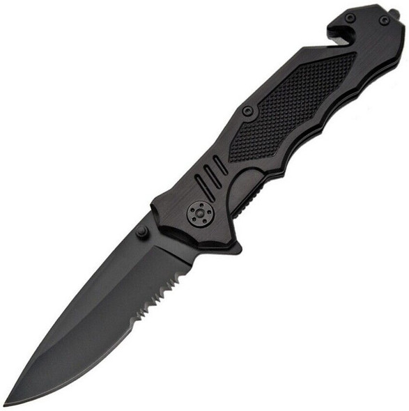 Close-up of Rite Edge Night Rescue knife open showing partially serrated black drop point blade and aluminum handle