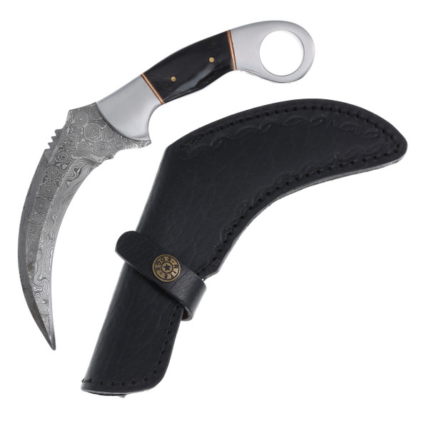 Rite Edge DM-1177 karambit knife with 4 inch Damascus hawkbill blade shown beside black leather belt sheath