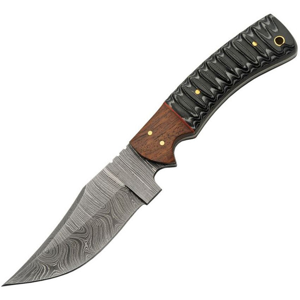 SZCO Snake Belly Hunter Damascus fixed blade knife showing upswept blade and micarta handle