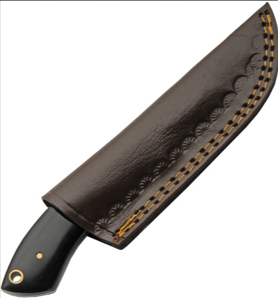 Brown leather belt sheath included with Damascus Eld Stag Skinner fixed blade knife