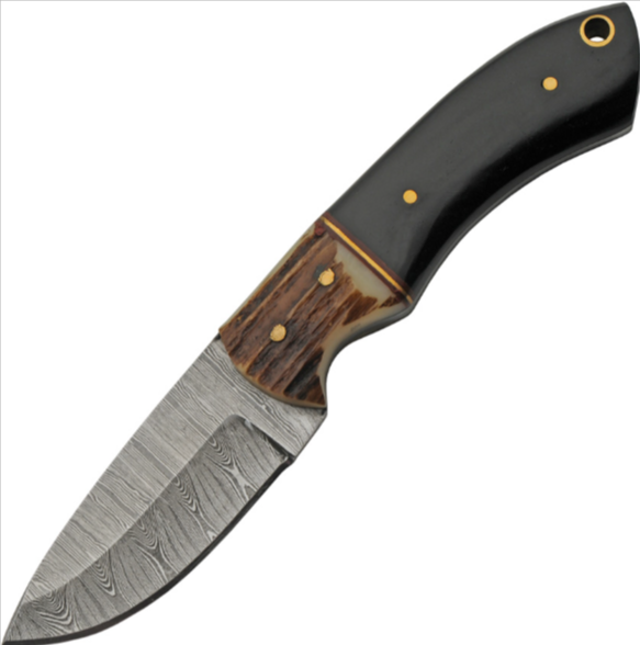 Damascus Eld Stag Skinner fixed blade knife showing Damascus blade and stag bone handle