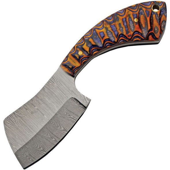 Damascus Small Cleaver Sunrise fixed blade knife showing cleaver blade and colorwood handle