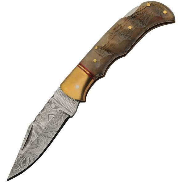 Damascus lockback folding knife with ram horn handle and clip point blade
