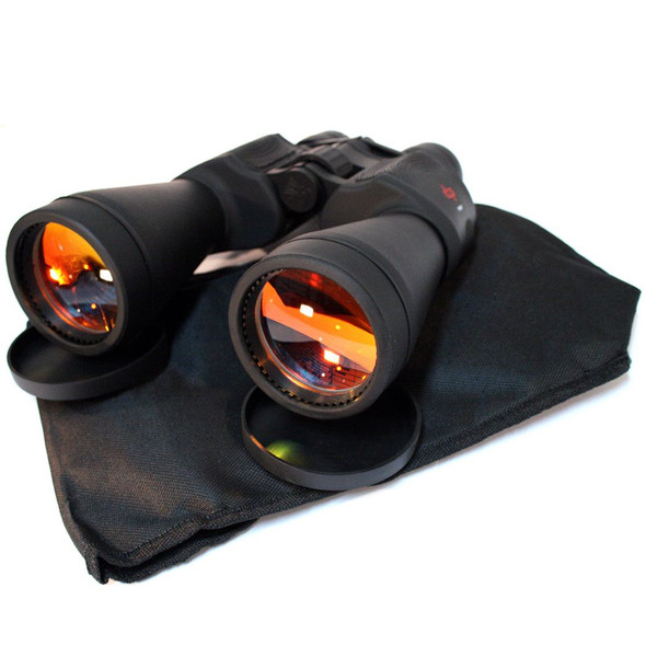 Perrini 20x50x70 black ultra-compact binoculars front angle on carrying pouch