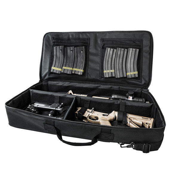 Carbine case interior holding AR-15 upper and lower receivers with magazines
