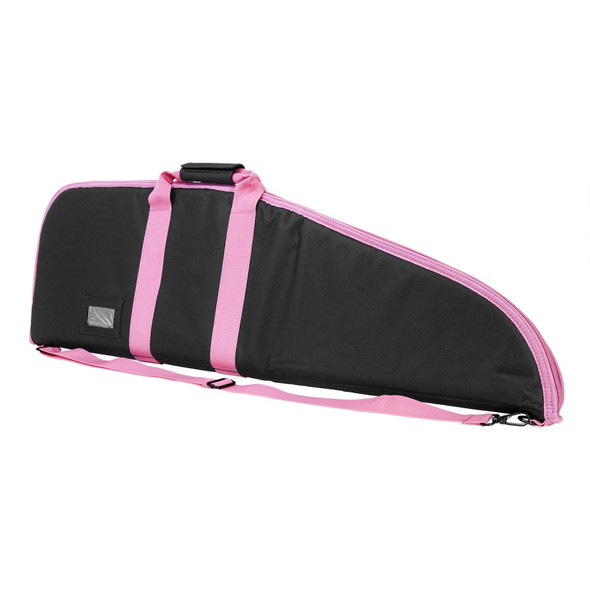 Rear view of VISM padded rifle case black with pink trim showing shoulder sling attachment points and ID holder