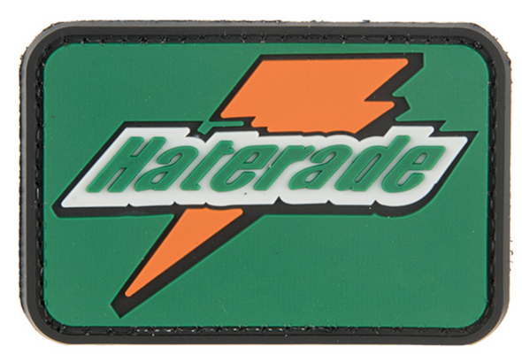 Green and orange G-Force Haterade PVC morale patch with lightning bolt logo and hook-and-loop backing shown front and back.