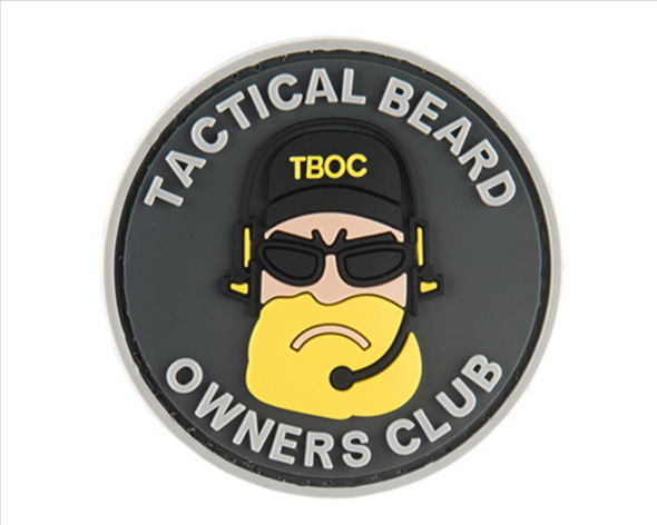 Round black and yellow G-Force Tactical Beard Owners Club PVC morale patch featuring a bearded character wearing a headset and sunglasses with hook-and-loop backing.