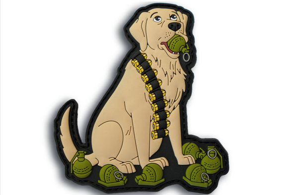 Go Fetch grenadier retriever PVC morale patch showing a tactical dog holding a grenade with additional grenades and ammunition, hook and loop backing visible