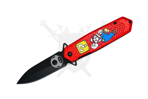 Power-Up Plumber pocket knife open front view highlighting blade artwork and handle design