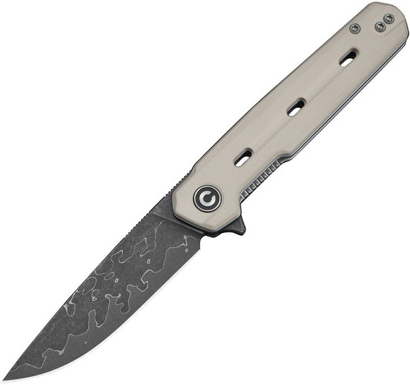 CIVIVI Ostap Hel Navo folding knife with Damascus drop point blade and ivory G10 handle – open view