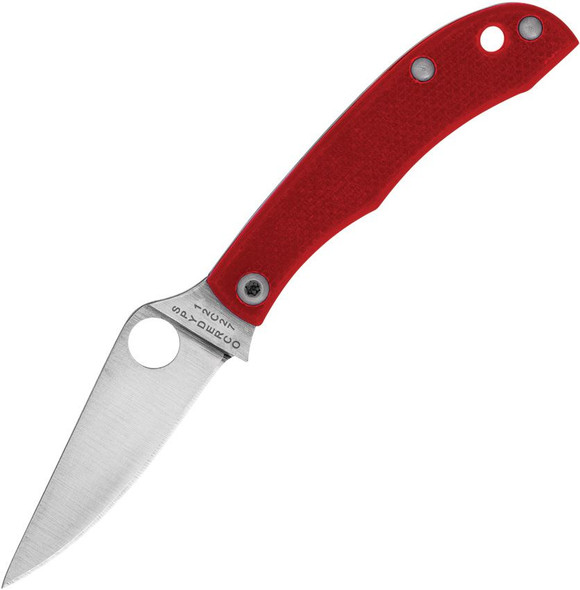 Spyderco Honeybee slipjoint folding knife open, showing satin 12C27 blade and red G-10 handle.