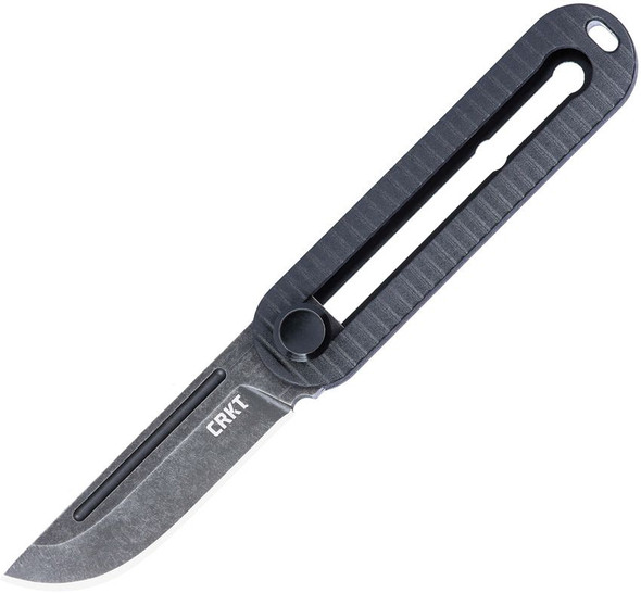 CRKT KatanaX manual OTF knife open showing black stonewashed D2 blade and black Grivory handle