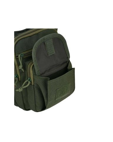 Close-up of OD green leg bag front pocket opened showing internal hook-and-loop panel