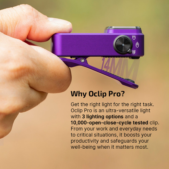Side profile of purple Oclip Pro with steel clip and rotary selector