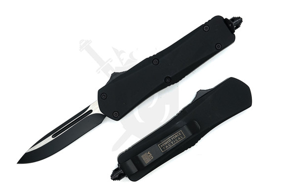Armed Force Tactical OTF automatic knife with black handle and black and silver stainless steel blade deployed on white background