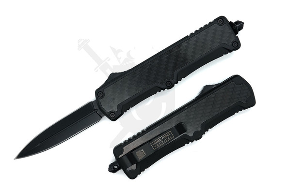 Armed Force Tactical Blackout Specter OTF automatic knife with dagger blade deployed and carbon fiber handle