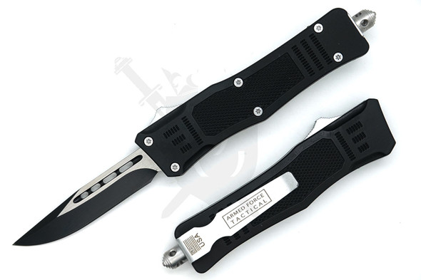 Armed Force Tactical covert OTF automatic knife open showing black clip point blade and rubberized handle